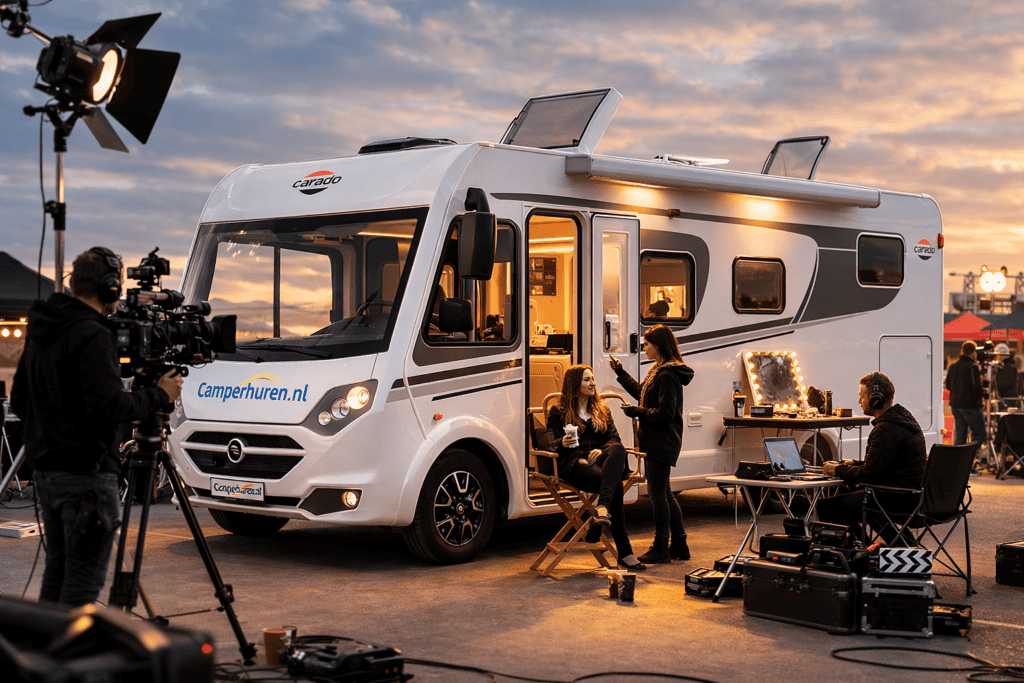 Camper ingezet als green room en make-up trailer op filmset