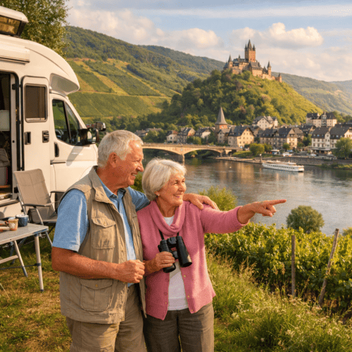 Senioren genieten van een ontspannen camperreis langs de Moezel met wijnhellingen op de achtergrond